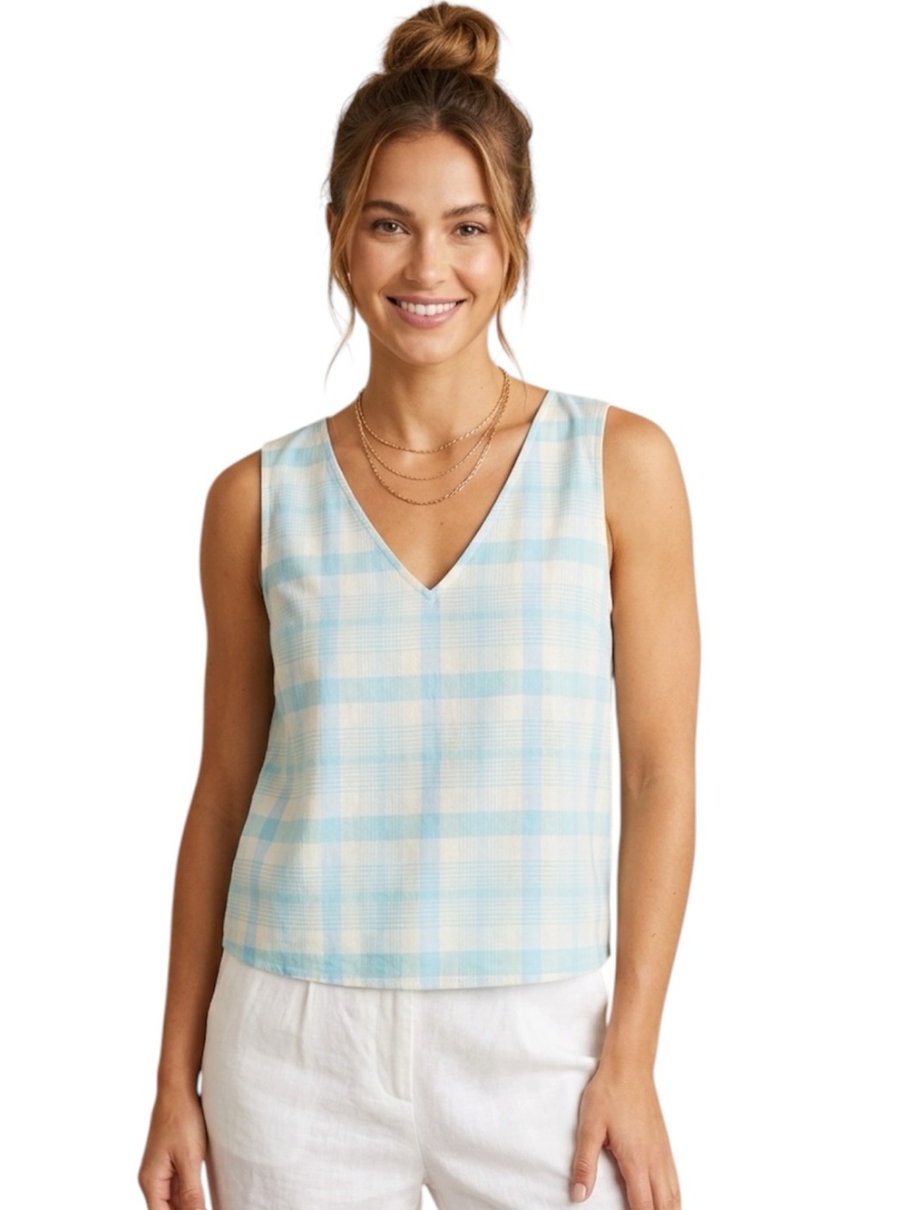 Babaton Sleeveless NWOT V-Neck Plaid Camisole in Light Blue and white Size S